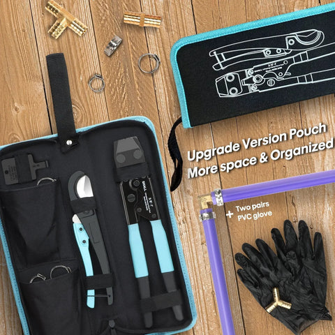 Pex Crimping Clamp Cinch Tool And Pipe Hose Cutter Kit That Is Handy And Meets ASTM F2098 For Three Eighths To One Inch Stainless Steel Clamps Includes Twenty Half Inch And Ten Three Quarter Inch Clamps With Storage Bag displayed in organized pouch with tools and gloves.