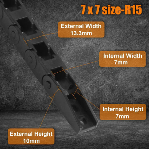 Close-up of Drag Chain Cable Carrier For 3D Printers And CNC Mills, 7x7mm Inner Size, R15 Bridge Type, Black PA66 Nylon showing width and height