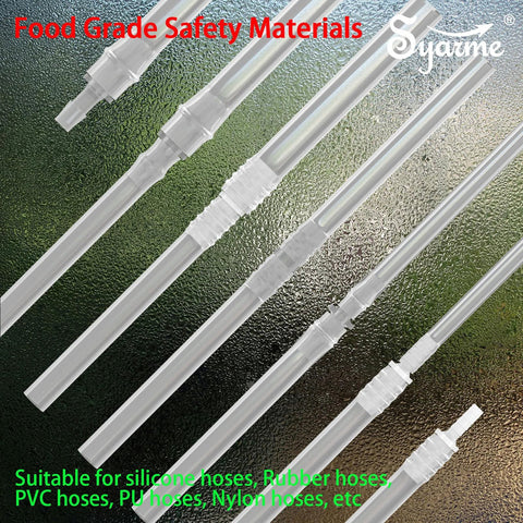 Clear 10-piece hose barb connector set for female urination device extension tubes; compatible with silicone/rubber hoses.