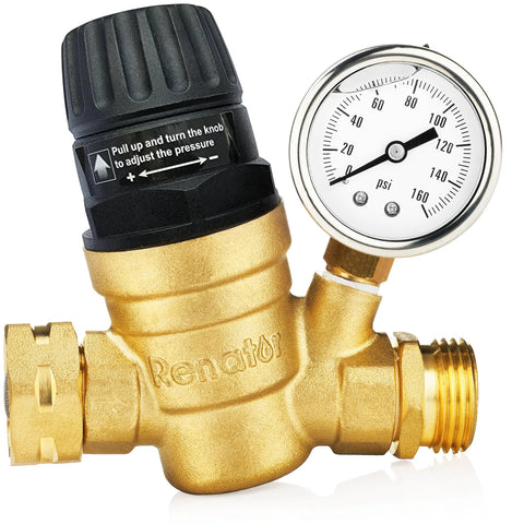 Renator RV water pressure regulator, brass lead-free, adjustable with gauge for camper M22-0660R.