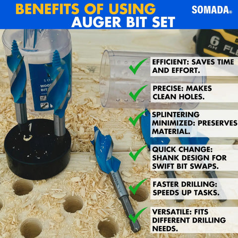 Auger Drill Bit Set For Wood, Five Piece Including One Half Inch, Five Eighths Inch, Three Quarters Inch, Seven Eighths Inch And One Inch, Four Inch Long With Quick Change Shanks, Storage Case, Impact Drill Ready, Pro Grade DIY Projects By SOMADA displayed on a table with wood shavings and drilled holes.
