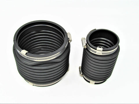 Two black corrugated marine exhaust bellows with stainless steel hose clamps (large and small).