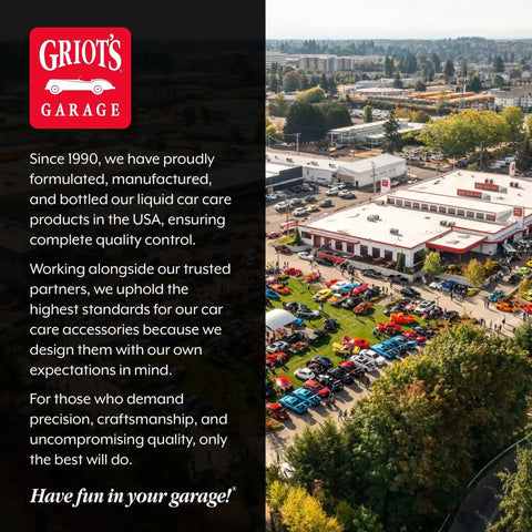 Aerial view of Griot's Garage facility with cars parked outside and greenery in the surrounding area.
