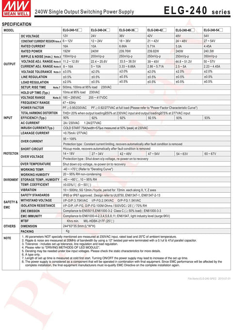 Specifications sheet for a 24V 10A 240W LED Power Supply With PFC, Single Output Switching Driver For LED Lighting and various models.