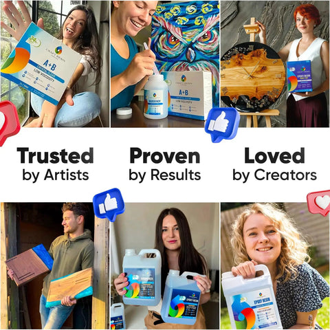 Multiple people holding Crystal Clear Epoxy Resin Kit With Pumps For Food Safe Coasters And Jewelry, showcasing projects