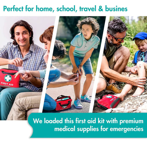Bright Reflective 309 Piece First Aid Kit With Bandages Moleskin Pad And Emergency Blanket shown in various emergency scenarios