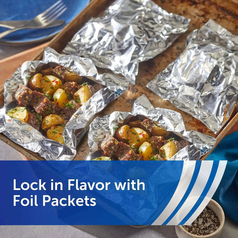 Heavy Duty Aluminum Foil Roll Beefy Strength 12 Inch Wide 50 Square Feet With Secure Easy Open Tab used for food packets on tray
