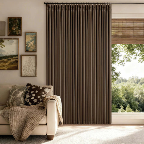 Dual Layer Blackout Curtains 102 Inch Length Two Panels Pinch Pleated For Sliding Glass Doors Flax Linen Texture Ceiling Track Thermal Room Darkening Light Brown Drapes installed in a living room.