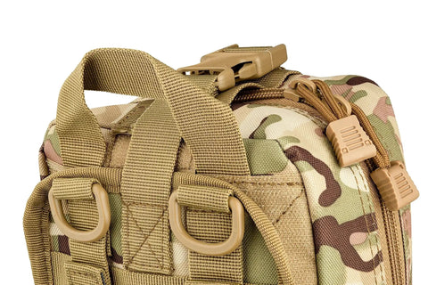 Close-up of camouflage MOLLE pouch from Premium IFAK Trauma Kit For Emergency Response With Fully Stocked MOLLE Pouch Including CAT Tourniquet HyFin Chest Seal Israeli Bandage And Major Wound Care For Gunshot Bleeding And Medical Emergencies For EMTs, Police And Military By Scherber.