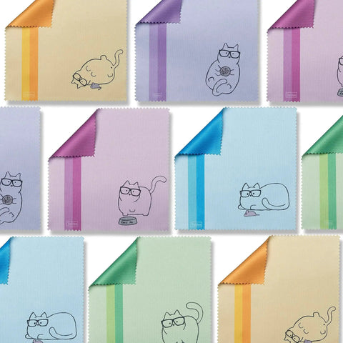 Kitty Cat Design Multicolor Microfiber Cloths for Glasses Sunglasses and Phones with playful cat illustrations, pack of 10.