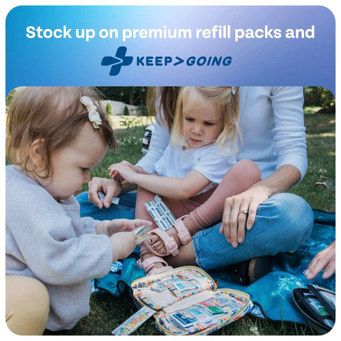 Children using 86 Piece Colorful Kids First Aid Kit Refill With Kid Friendly Bandages And Fun Stickers For KeepGoing Kits outdoors