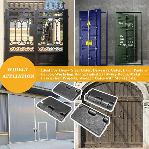 Beefy Heavy Duty Weld On Gate Hinges For Barn Doors And Heavy Gates, 4-1/2 X 4-1/4 Inches, 3/16 Inch Steel, Weldable, 4 Pack shown with various gate applications.