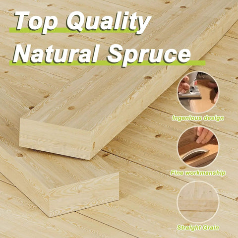 Top quality natural spruce wood beams with focus on innovative design, fine workmanship, and straight grain texture.