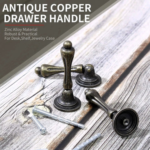 Antique Copper Drawer Handle with screws, made of zinc alloy, ideal for desks, shelves, and jewelry cases, on wooden surface.