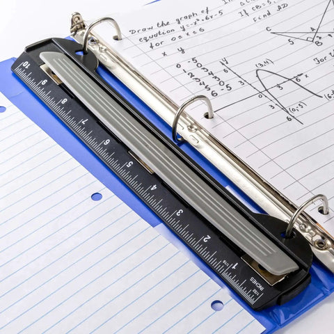On The Go 3 Hole Binder Punch For Ring Binders attached to binder, ultra compact, punches up to five sheets, black, easy grip, for students and pros