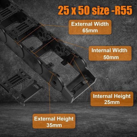 25x50Mm Inner Height And Width Drag Chain Cable Carrier Bridge Type for DIYers and Makers, close-up showing dimensions
