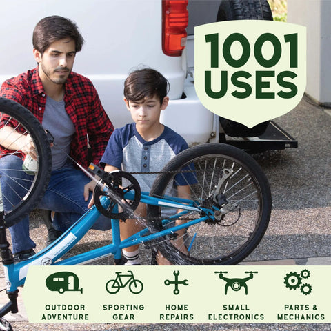 Father and son repairing a bicycle wheel with Multipurpose Lubricant And Degreaser For Garage Doors Hinges And Locks Plant Based Eco Friendly Petroleum Free PTFE Free Rust Remover And Degreaser For DIY Friendly Hardware Maintenance 11 Oz Pack Of 6 nearby, outdoor setting, "1001 Uses" shown.