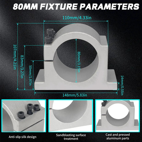 80mm spindle mount clamp dimensions with anti-slip design for 2.2KW 220V Air Cooled Spindle Motor With ER20 Collet, CNC Router Machine