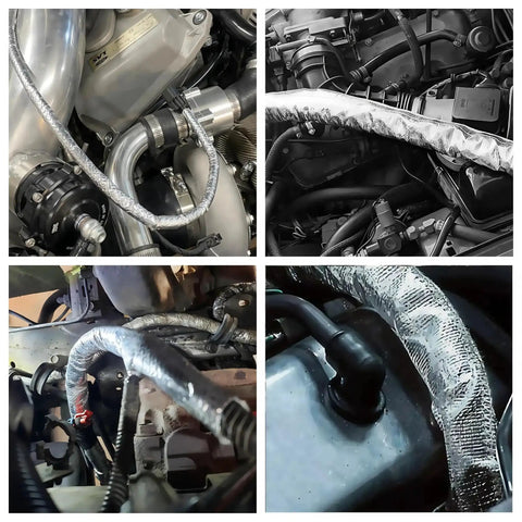 Heavy-Duty Self-Wrap Aluminum Heat Shield Sleeve With Side Entry For Hoses Wiring Harnesses And Cables In Automotive Exhaust, 39 Inch Length, Temperature Range -40C To 150C, Oil Resistant, 25 Percent Overlap, High Temp Sleeve wrapped around engine components.