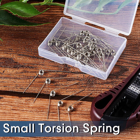40 pcs stainless steel tiny torsion springs, 0.5 mm wire, 4.5 mm OD, 120° deflection, in clear plastic box