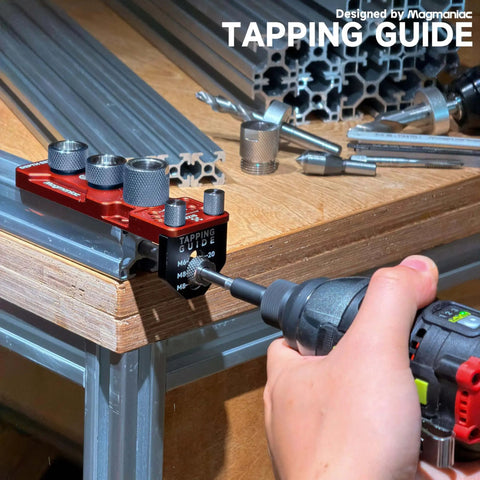 Pro Grade Beefy All Metal Aluminum Profile Drill Guide Kit With Access Hole Jig, Step Drills, Drill Bushings, Tapping Guide And Chamfer Tool on workbench