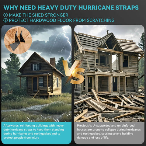 Comparison image showing a strong house with hurricane ties vs. a collapsed house without hurricane ties for heavy duty construction fastening.