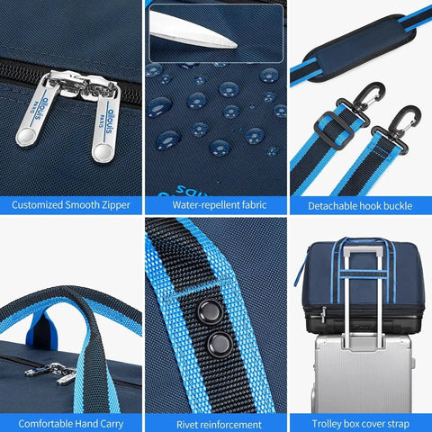 Close-up features of Detachable Wheel Rolling Duffle Bag, showing zippers, water-repellent fabric, buckles, and trolley strap.