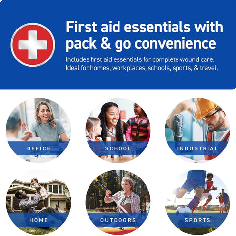 Image showing first aid essentials for office, school, industrial, home, outdoors, and sports use; ideal for travel and emergencies.