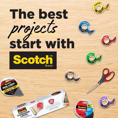 Various Scotch tapes and scissors displayed on wooden surface with text: 'The best projects start with Scotch Brand'