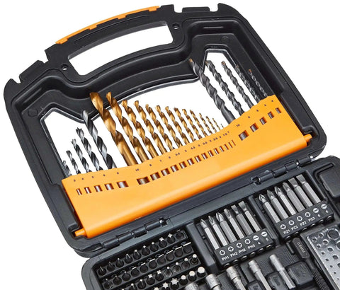 All Purpose 100 Piece Drill And Driver Bit Set With Alloy Steel Bits For Metal Wood Plastic And Masonry Includes Storage Case Magnetic Bit Holder And Four Hole Saws By Amazon Basics in black and orange storage case