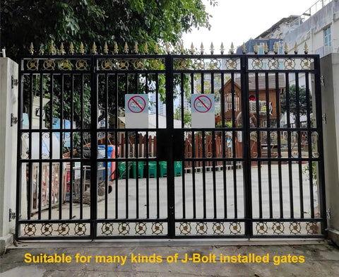 Metal gate installed with Three Quarter Inch T Bolt Gate Hinges, black finish, suitable for wood or metal fences and farm gates.