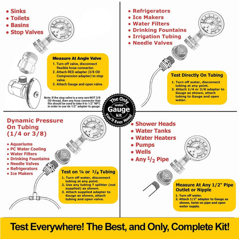 Flow Doctor water pressure gauge kit with glycerin-filled gauge, 6-piece set, 0–200 psi, 3/4 in hose thread and 5 adapters