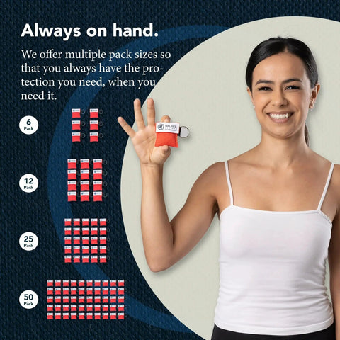 Person holding Grab And Go Pocket CPR Mask Kit With One Way Valve For Keychain Or Bag Access 6 Pack Emergency Face Shields by Archer MedTech