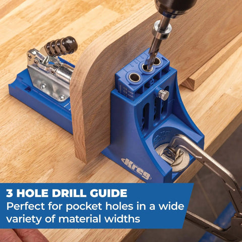 K4 Plus Pocket Hole Jig With Drilling Guide And Dust Collection, Adjustable Versatile Tool in use on woodwork surface.
