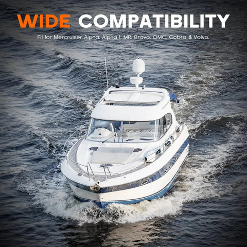 Boat on water showcasing compatibility with Mercruiser Alpha 1 and Bravo marine engines, OMC MR Cobra, Volvo for Gimbal Bearing Alignment Kit
