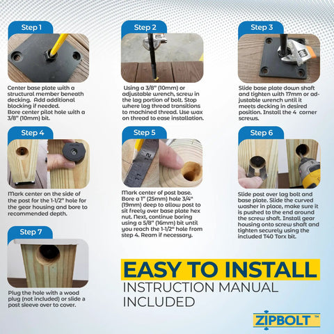 Installation steps for Exterior 4x4 Post Anchor For Decks Patios And Verandas With Hidden Fastener Design. Zipbolt instruction manual.