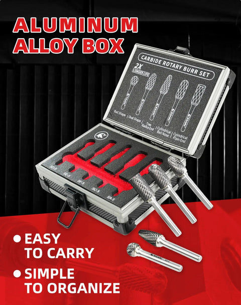 Pro Grade 5 Piece Tungsten Carbide Burr Set With One Quarter Inch Shank For Rotary Tools Double Cut Bits in Aluminum Box EZARC
