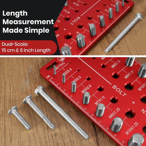 Pro DIY Bolt And Nut Thread Checker Kit With 40 Thread Gauges showcasing dual-scale measurement on a wall-mountable red board.