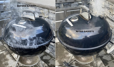 FireBlack 125 black Nomex self-stick gasket for Big Green Egg; left before installation, right after.