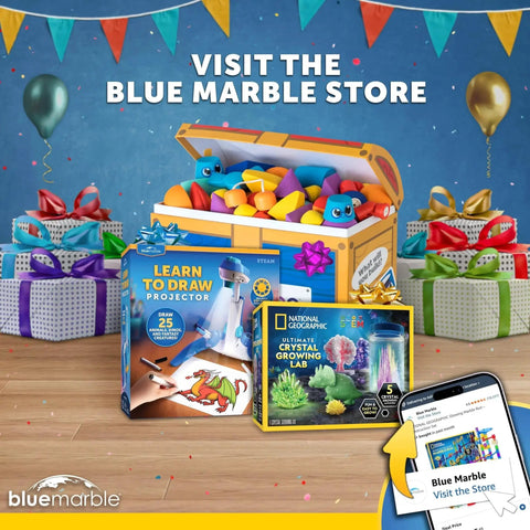 Gift boxes and educational toys with a colorful background, featuring drawing projector and crystal growing kit.