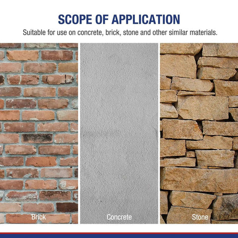 Scope of application showing brick, concrete, and stone surfaces suitable for 8-Piece SDS Plus Drill Bit Set With Carbide Tips.