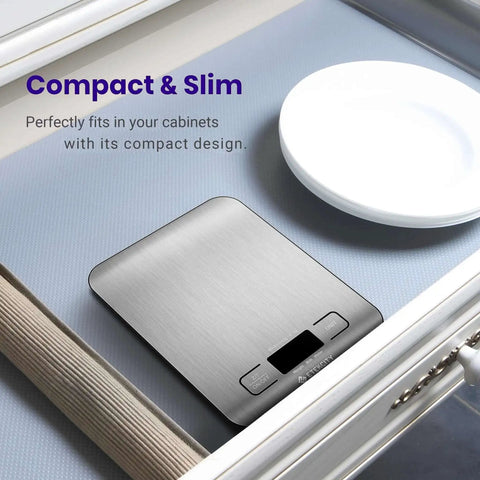 Digital Kitchen Scale With Grams And Ounces For Weight Loss, Baking And Meal Prep, Stainless Steel Compact Design in a drawer