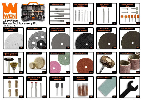 Comprehensive 282 Piece Rotary Tool Accessory Kit With Carrying Case For Sanding Carving Cutting And More For DIY Friendly Projects by Wen displayed with all components.