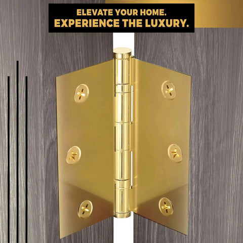 Solid Brass Ball Bearing Door Hinges, Heavy Duty Polished Gold Finish, 3.5 X 3.5 Inch, close-up showing installation
