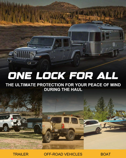 Heavy Duty Universal Trailer Coupler Lock Fits 1-7/8 Inch 2 Inch and 2-5/16 Inch Hitches Yellow Finish Includes 2 Keys Theft Deterrent and Easy Lock Up on vehicles and trailer.