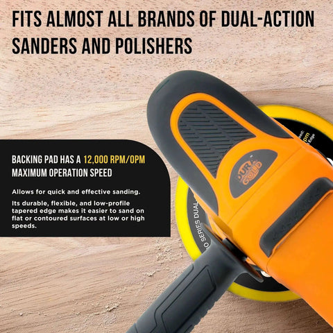 Close-up of Pro Series 6 Inch PSA DA Sander Backing Plate Pad attached to polisher, showcasing low-profile flexible edge.