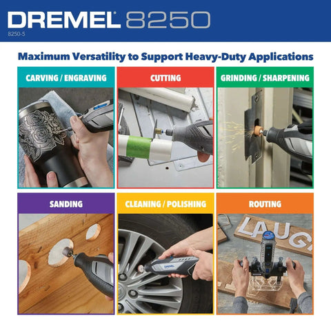 Dremel 8250 demonstrating cutting, grinding, carving, sanding, polishing, and routing, using a Powerful 12V Cordless Rotary Tool With Brushless Motor From Dremel, Variable Speed, Long Run Time, Packed With 5 Rotary Tool Accessories, 3Ah Battery, Charger, And Sturdy Tool Bag.