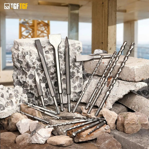 17 Piece SDS Plus Rotary Hammer Drill Bits And Chisel Set With YG8C Carbide Tips displayed on concrete blocks.