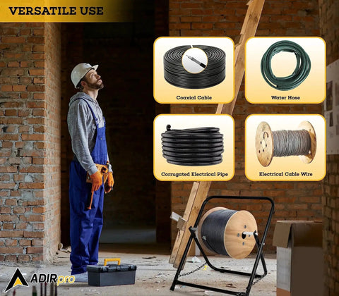 Single Axle Cable Reel Caddy Built To Last Heavy Duty Industrial Steel Wire Dispenser Holds Reels Up To Twenty Inch Diameter And One Hundred Pound Capacity Black With Rugged Finish For Tough Worksites shown in use on a construction site.