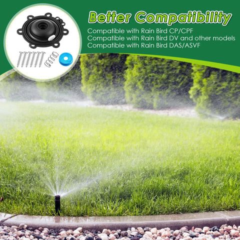 Gulfmew diaphragm repair kit components with screws, springs, blue gasket beside a sprinkler watering green lawn